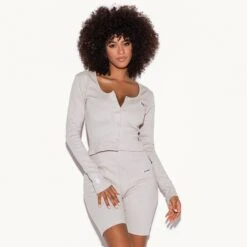 Women's Lounge Rib LS Top And Short Set