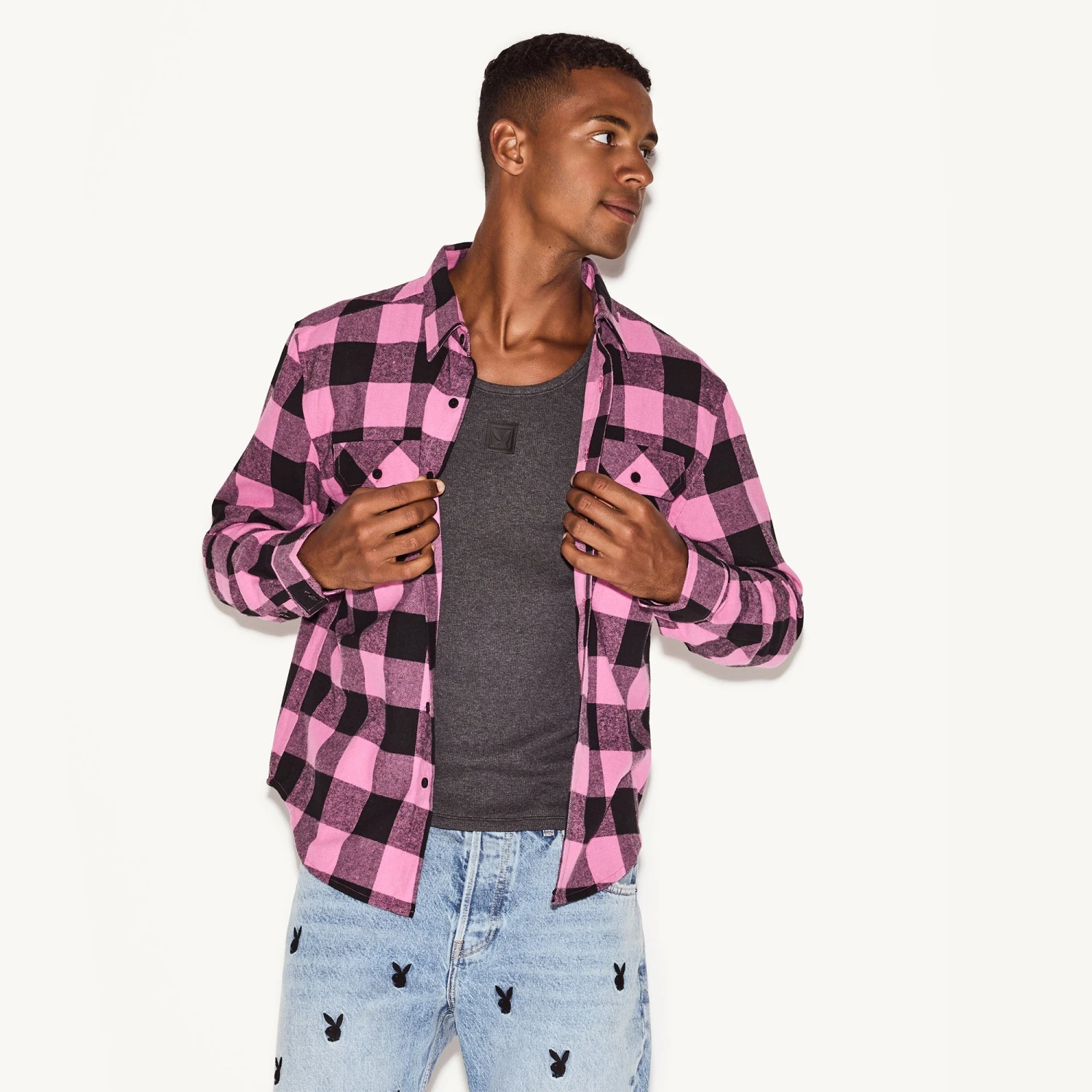 Men's Flannel Long Sleeve Shirt, Pink Plaid 3 Men's Flannel Long Sleeve Shirt, Pink Plaid