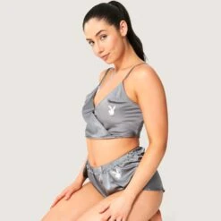 Women's Lounge Satin Cami & Short Set - Grey -Best Clothing Store Playboy MG Lounge Satin Cami Short Set Slate Grey 2352