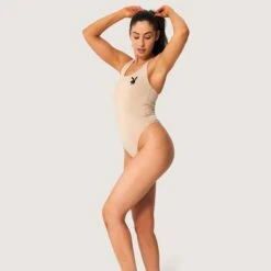 Women's Bunny Head Bodysuit -Best Clothing Store Playboy Womens Bodysuit Tan 1948