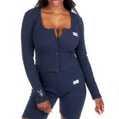 Women's Lounge Rib LS Top And Short Set -Best Clothing Store PlayboyWomen sLoungeButtonFrontTop Navy 02