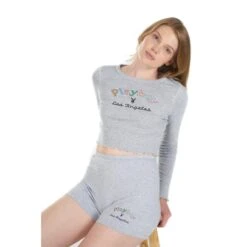 Women's Rainbow Masthead Long Sleeve Top -Best Clothing Store PlayboyWomen sRainbowMastheadLongSleeveTop Heather Grey 06 a2bd5c9a 303d 4962 b43f ebb0012cf6d2